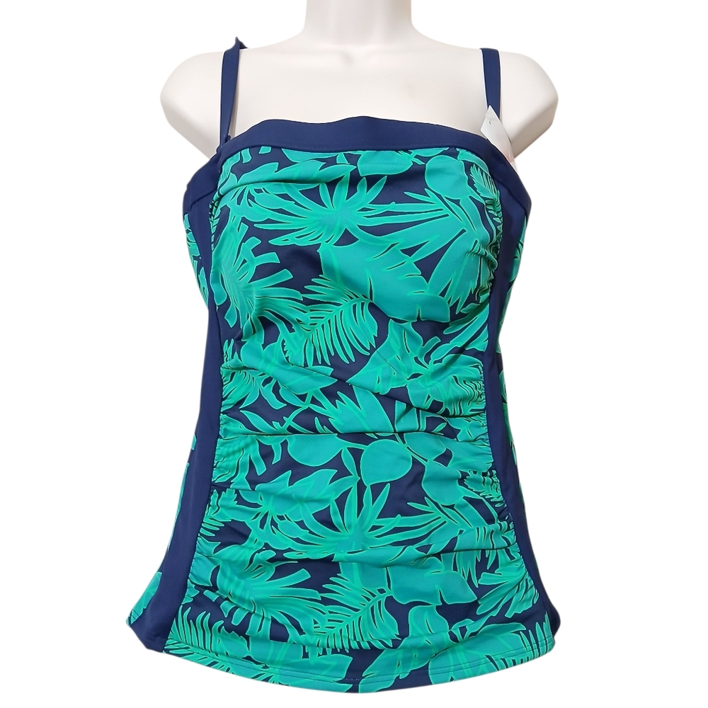 Lands End Tankini Top Tropical Print Green Navy Swimsuit Vacation Resort NWT